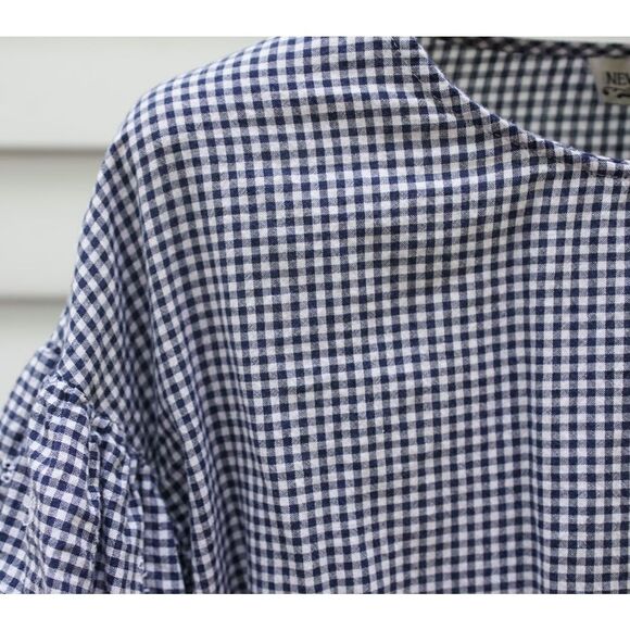 Vintage 90s New Direction Blue Gingham Eyelet Bell Sleeve Blouse - Picture 5 of 6